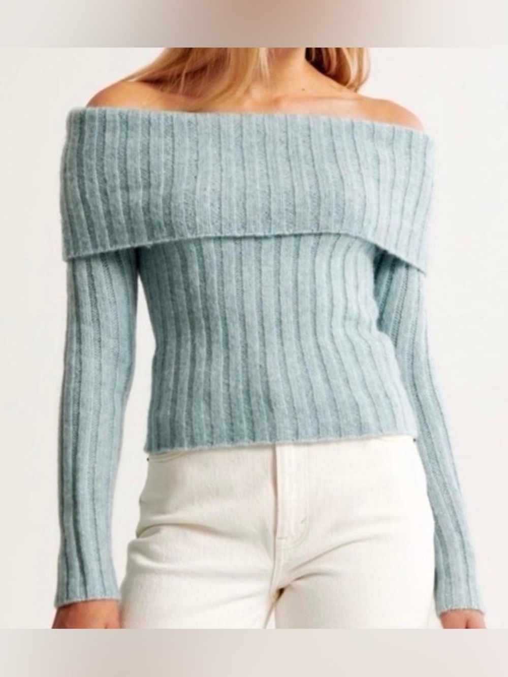 Abercrombie & Fitch Off-Shoulder Ribbed Sweater in Light Blue